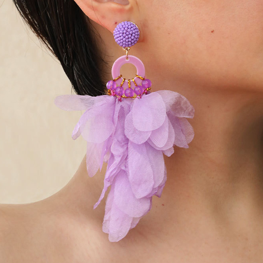 Light Purple Patchwork Floral Beaded Earrings