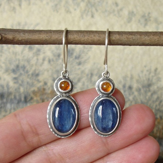 Round Vintage Design Blue Metal Earrings