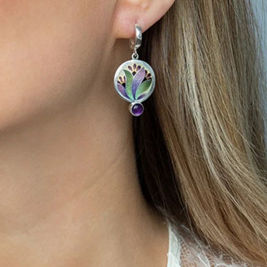 boucles d'oreilles rétro en métal à imprimé floral violet