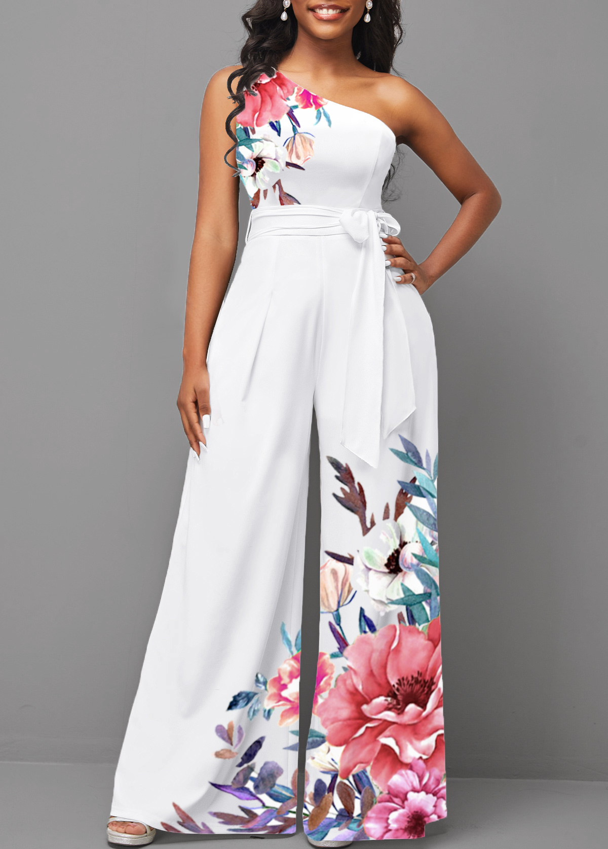 ROTITA Tie Floral Print White Belted Long Flare Leg Jumpsuit