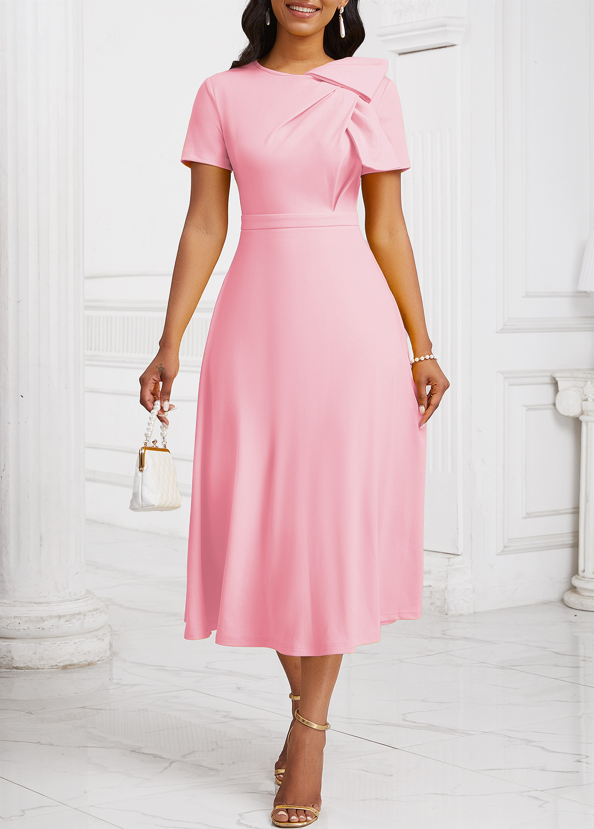 ROTITA Zipper Light Pink Asymmetrical Neck Short Sleeve Dress