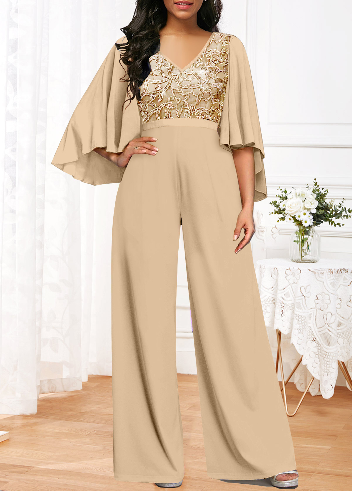 ROTITA Embroidery Long V Neck 3/4 Sleeve Champagne Jumpsuit