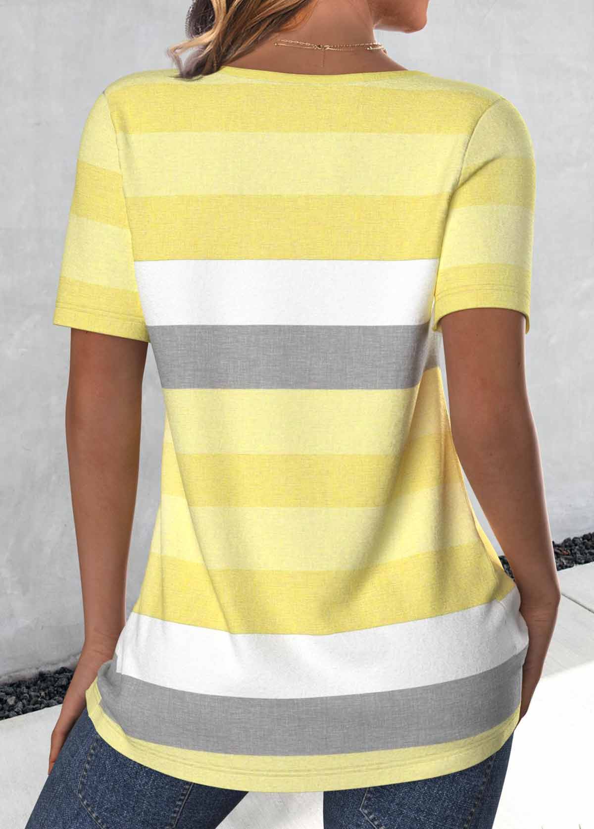 Light Yellow tops,Striped tops,Geometric tops,ROTITA Button Striped Light Yellow Round Neck T Shirt