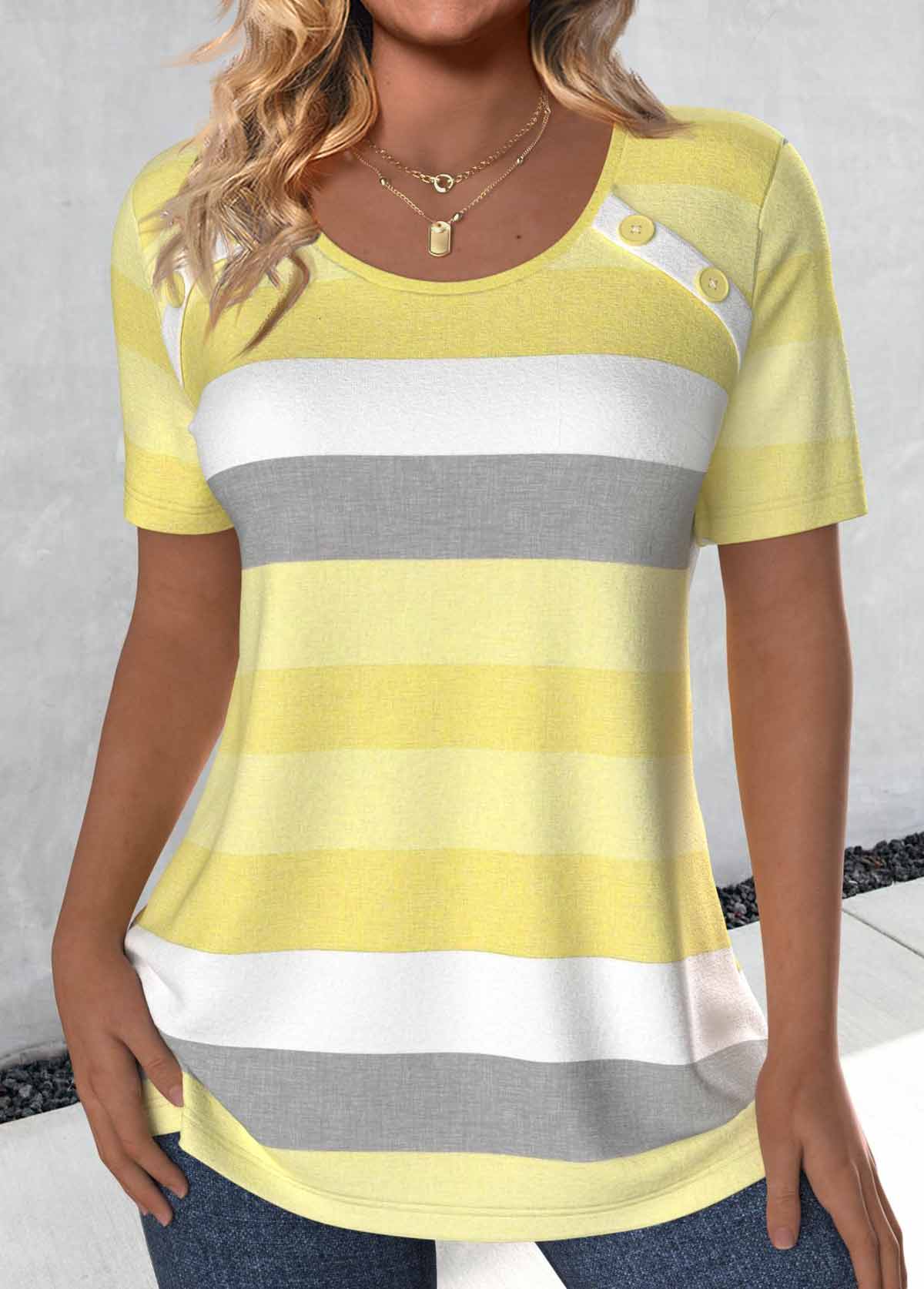 Light Yellow tops,Striped tops,Geometric tops,ROTITA Button Striped Light Yellow Round Neck T Shirt