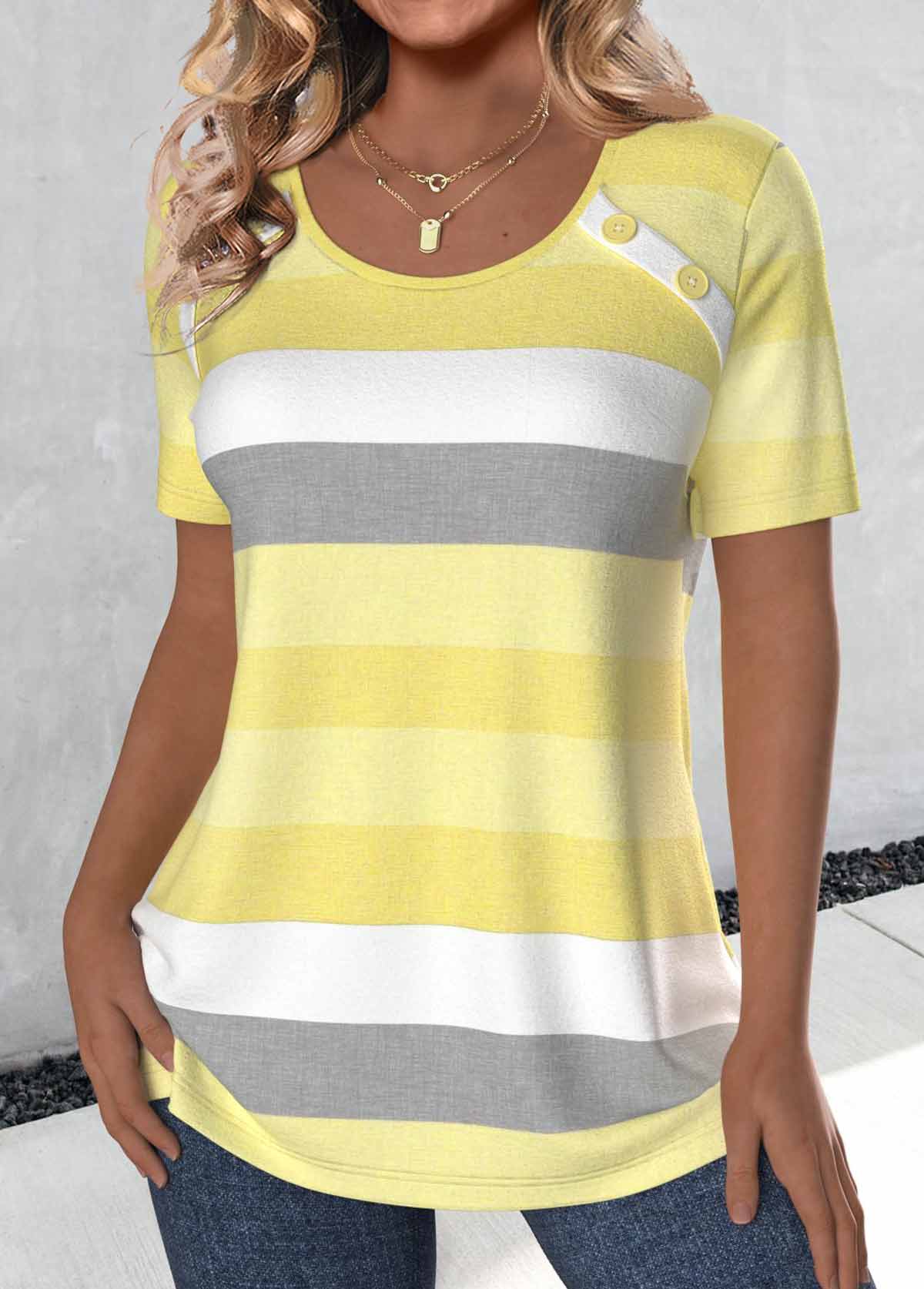 Light Yellow tops,Striped tops,Geometric tops,ROTITA Button Striped Light Yellow Round Neck T Shirt