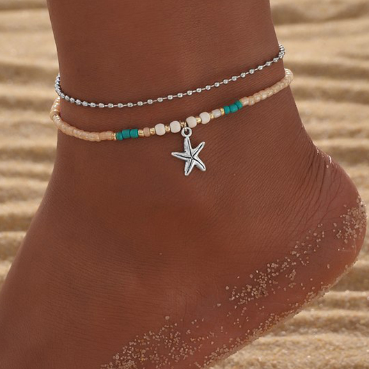 Silvery White jewelry,Contrast Color jewelry,Sea Star Silvery White Alloy Anklet Set