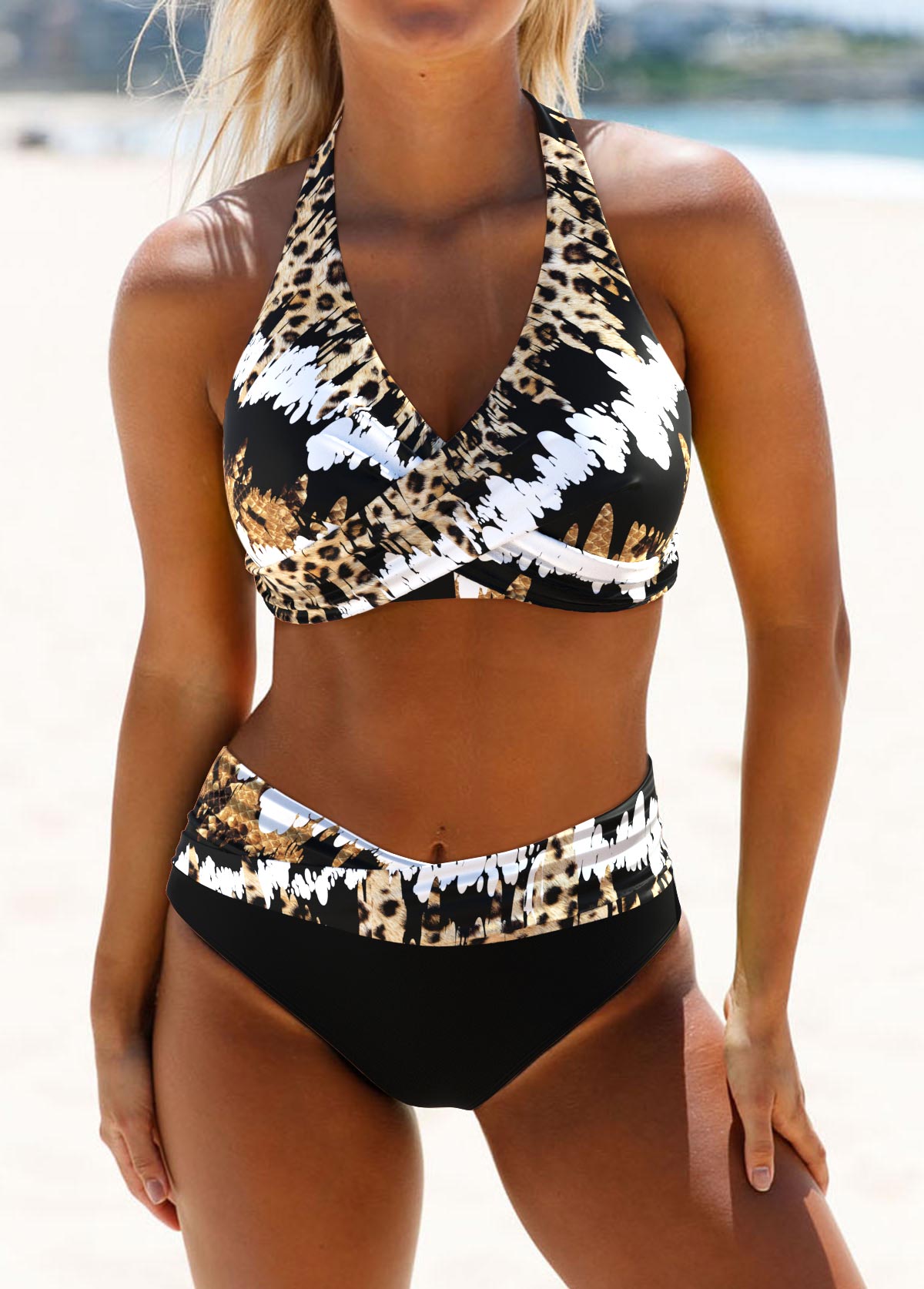 ensemble de bikini léopard noir croisé rotita