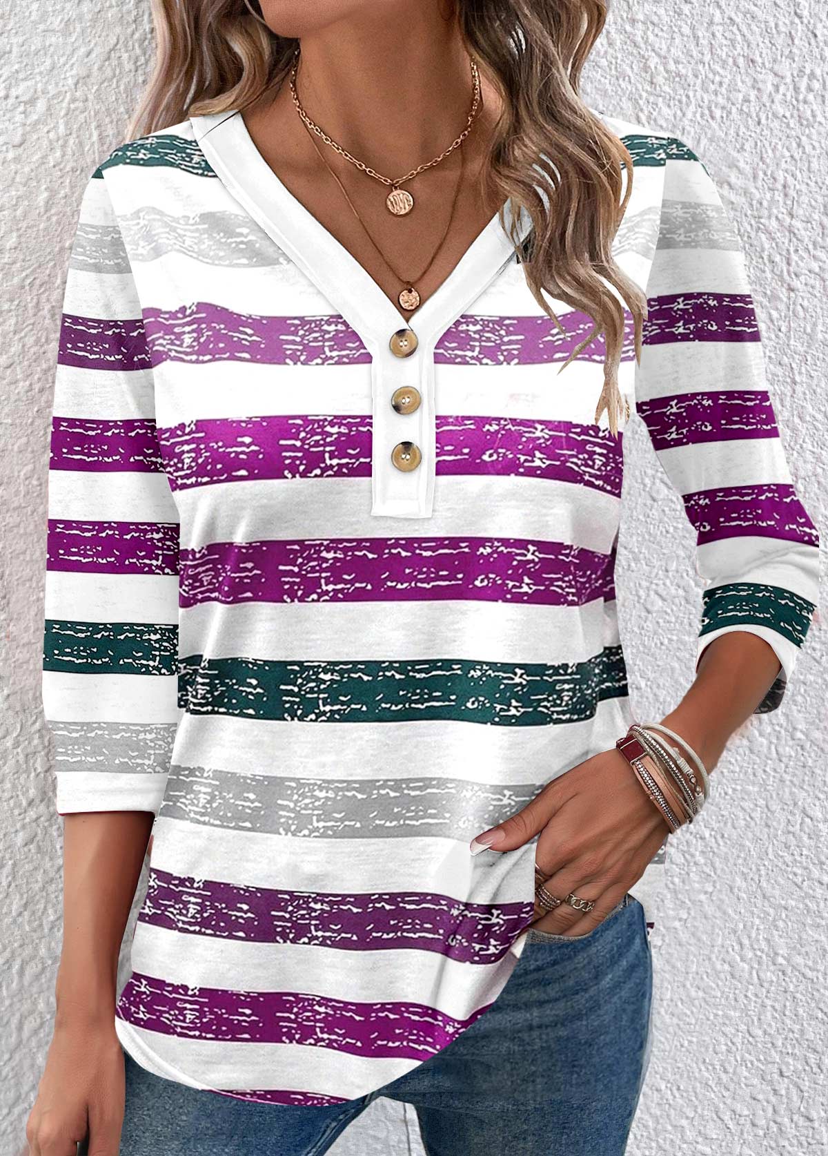ROTITA Button Multi Stripe Print Dark Purple T Shirt