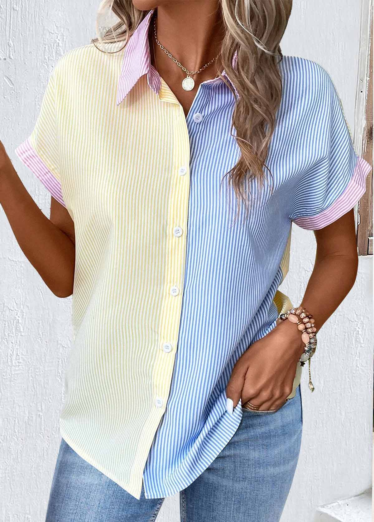 ROTITA Patchwork Multi Stripe Print Light Yellow Shirt Collar Blouse