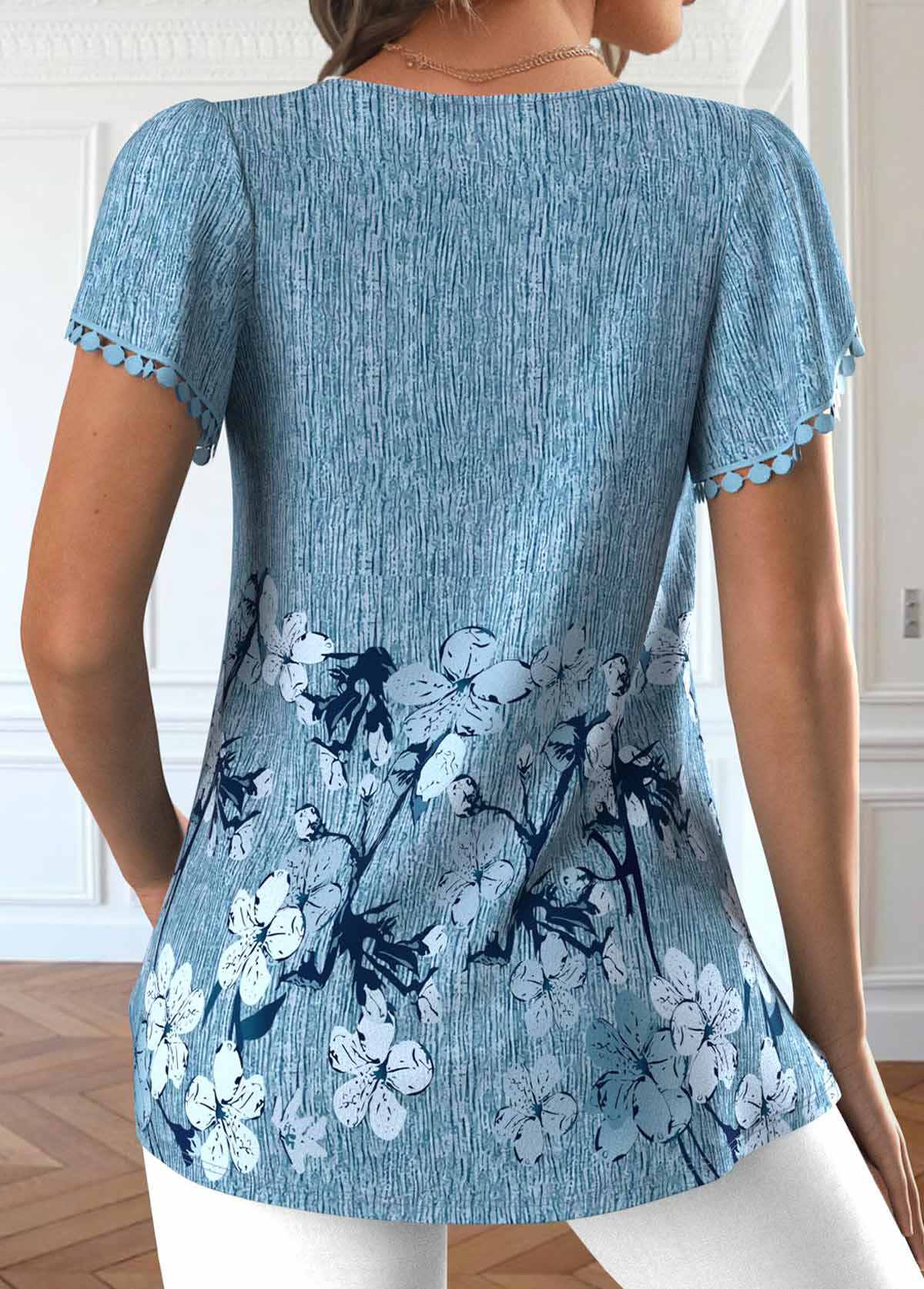 Dusty Blue tops,Floral tops,Plants tops,ROTITA Embroidery Floral Print Dusty Blue V Neck T Shirt