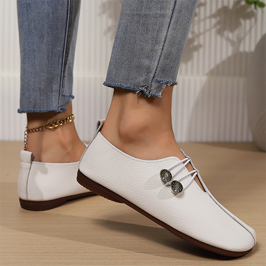 White shoes,Plain Color shoes,White Button Detail Closed Toe Falts