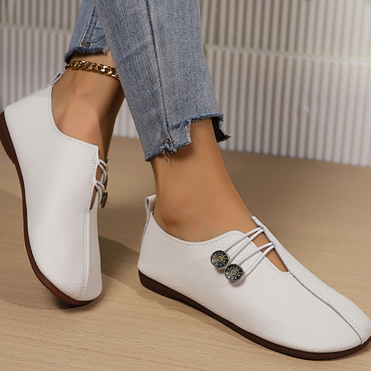 White shoes,Plain Color shoes,White Button Detail Closed Toe Falts