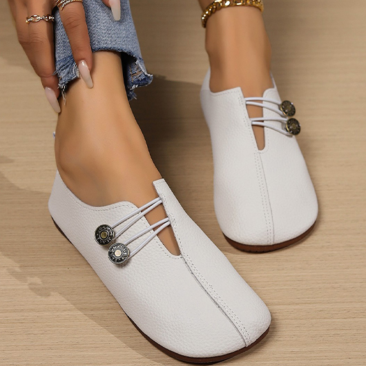 White shoes,Plain Color shoes,White Button Detail Closed Toe Falts