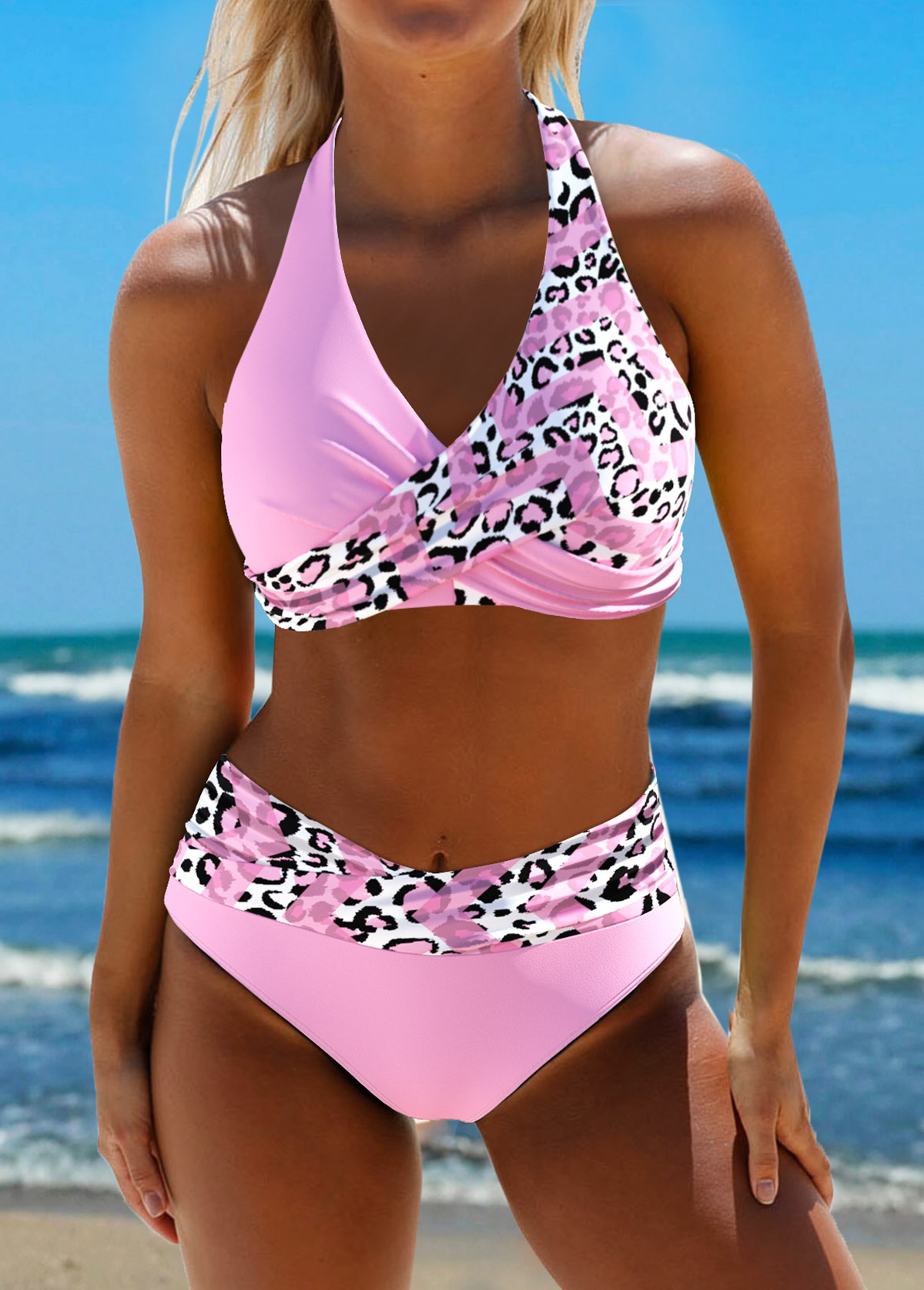 ROTITA Surplice Light Pink Leopard Bikini Set