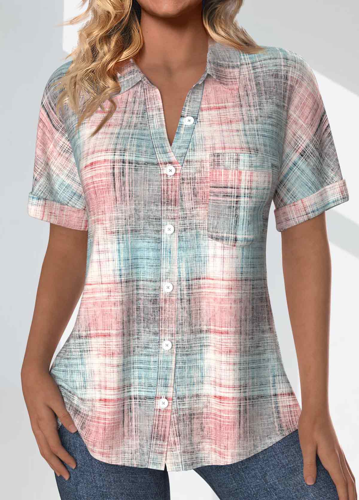 ROTITA Pocket Plaid Light Pink Shirt Collar Short Sleeve Blouse