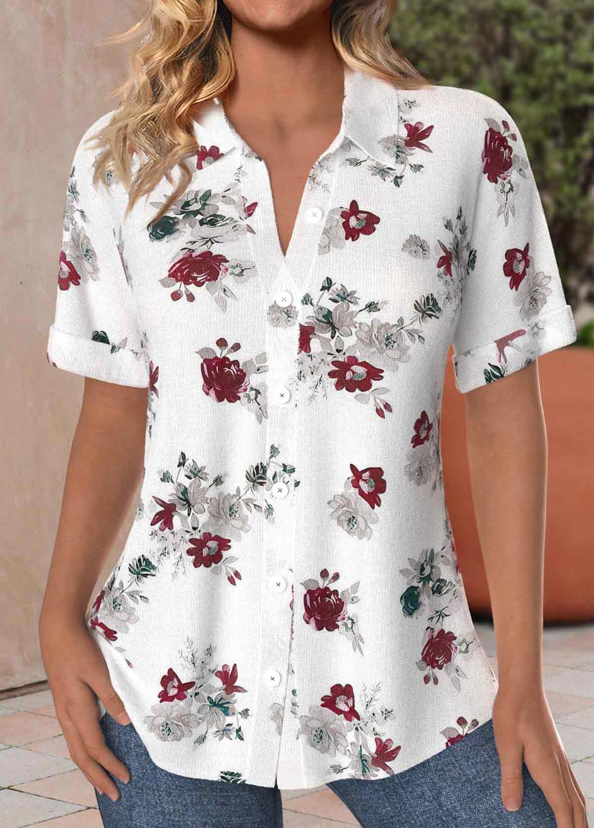ROTITA Button Floral Print White Shirt Collar Short Sleeve Blouse
