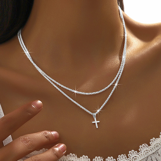 Cross Layered Silvery White Alloy Necklace Set