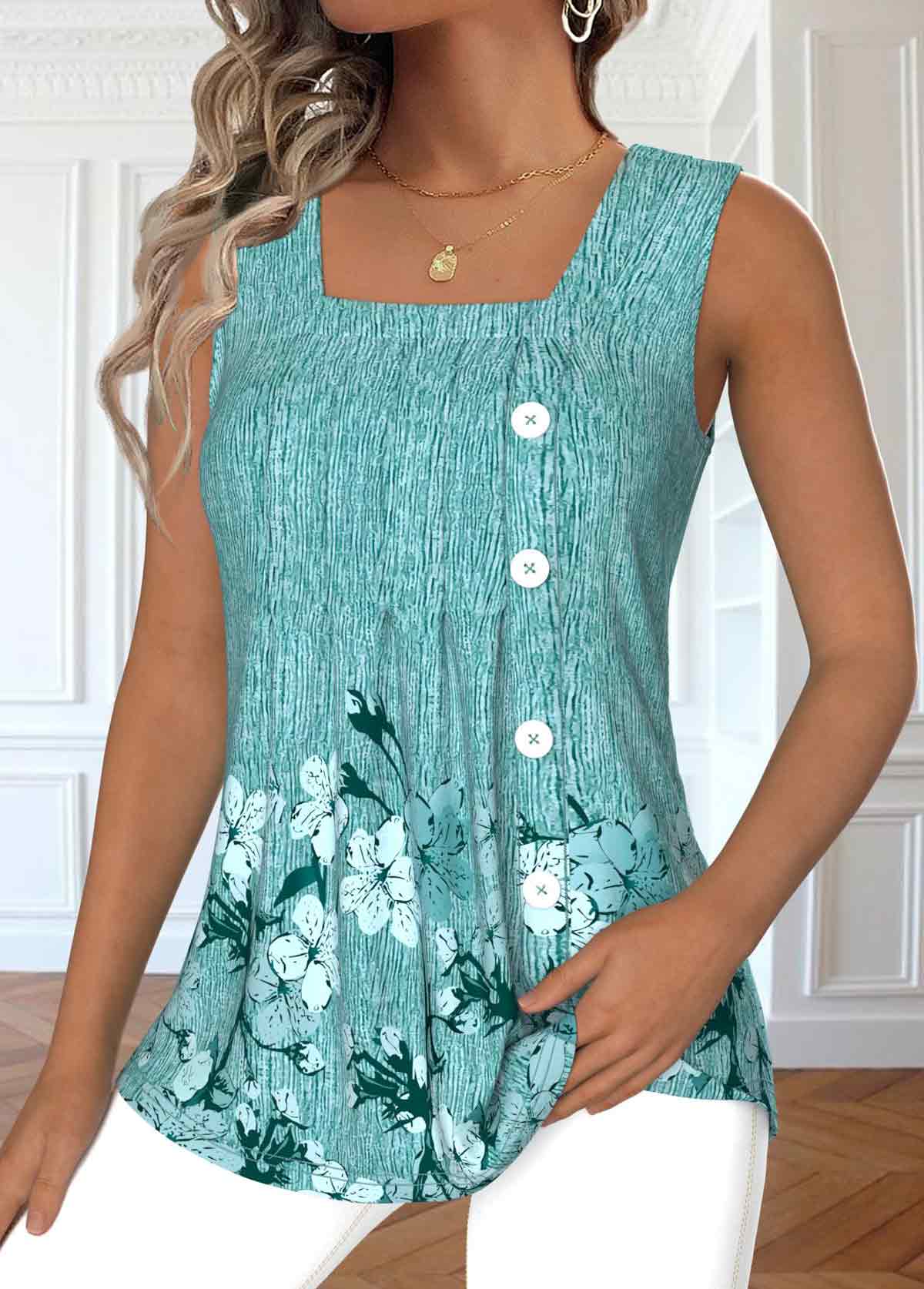 Mint Green tops,Floral tops,Plants tops,ROTITA Button Floral Print Mint Green Square Neck Tank Top