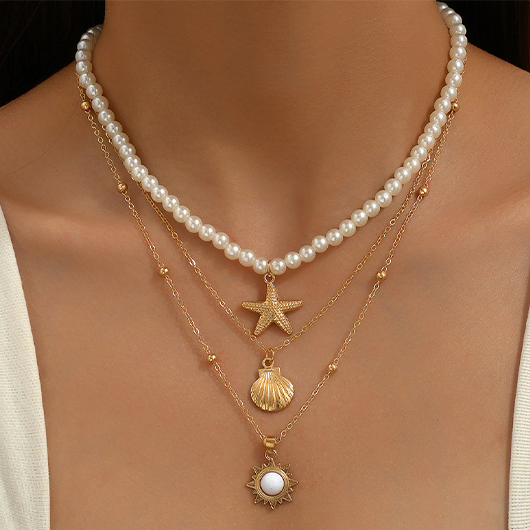Gold Alloy Shell Layered Starfish Necklace
