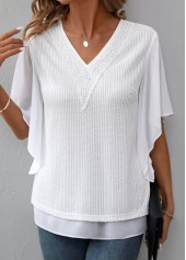 White tops,Plain Color tops,ROTITA Fake 2in1 White V Neck Short Sleeve T Shirt