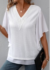 White tops,Plain Color tops,ROTITA Fake 2in1 White V Neck Short Sleeve T Shirt