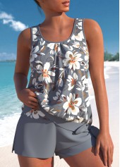 Rotita - Ensemble tankini gris à imprimé floral et nœud papillon