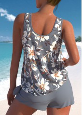 Grey swimwear,Floral swimwear,Plants swimwear,ROTITA Bowknot Grey Floral Print Tankini Set