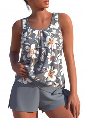Grey swimwear,Floral swimwear,Plants swimwear,ROTITA Bowknot Grey Floral Print Tankini Set