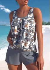 Grey swimwear,Floral swimwear,Plants swimwear,ROTITA Bowknot Grey Floral Print Tankini Set