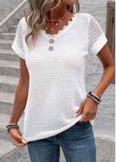 White tops,Plain Color tops,ROTITA Patchwork White V Neck Short Sleeve T Shirt