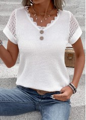 White tops,Plain Color tops,ROTITA Patchwork White V Neck Short Sleeve T Shirt