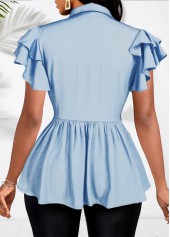 Denim Blue tops,Plain Color tops,ROTITA Button Denim Blue Shirt Collar Short Sleeve Blouse