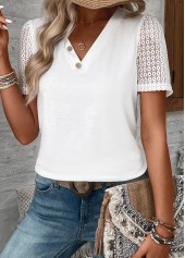 White tops,Plain Color tops,ROTITA Patchwork White V Neck Short Sleeve T Shirt