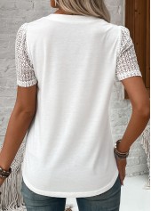 White tops,Plain Color tops,ROTITA Patchwork White V Neck Short Sleeve T Shirt