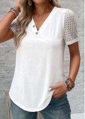 White tops,Plain Color tops,ROTITA Patchwork White V Neck Short Sleeve T Shirt