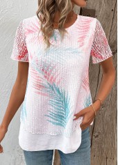 White tops,Plants tops,ROTITA Layered Plants Print White Round Neck T Shirt