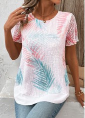 White tops,Plants tops,ROTITA Layered Plants Print White Round Neck T Shirt