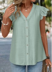 Sage Green tops,Plain Color tops,ROTITA Patchwork Sage Green V Neck Short Sleeve Blouse