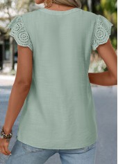 Sage Green tops,Plain Color tops,ROTITA Patchwork Sage Green V Neck Short Sleeve Blouse