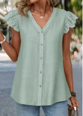 Sage Green tops,Plain Color tops,ROTITA Patchwork Sage Green V Neck Short Sleeve Blouse