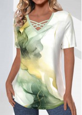 Sage Green tops,White tops,Marble tops,ROTITA Criss Cross Marble Print Sage Green T Shirt