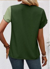 Green tops,Contrast Color tops,ROTITA Patchwork Green V Neck Short Sleeve Blouse
