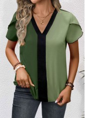 Green tops,Contrast Color tops,ROTITA Patchwork Green V Neck Short Sleeve Blouse
