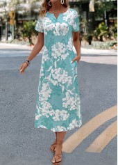 Mint Green dresses,Floral dresses,Plants dresses,Everyday dresses,Casual dresses,Floral Print Mint Green A Line Split Neck Dress