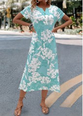 Mint Green dresses,Floral dresses,Plants dresses,Everyday dresses,Casual dresses,Floral Print Mint Green A Line Split Neck Dress