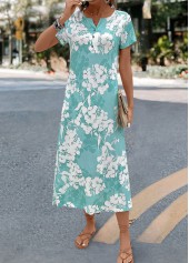 Mint Green dresses,Floral dresses,Plants dresses,Everyday dresses,Casual dresses,Floral Print Mint Green A Line Split Neck Dress