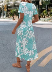 Mint Green dresses,Floral dresses,Plants dresses,Everyday dresses,Casual dresses,Floral Print Mint Green A Line Split Neck Dress