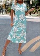 Mint Green dresses,Floral dresses,Plants dresses,Everyday dresses,Casual dresses,Floral Print Mint Green A Line Split Neck Dress