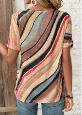 Multi Color tops,Geometric tops,Button Geometric Print Multi Color V Neck T Shirt