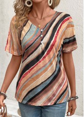 Multi Color tops,Geometric tops,Button Geometric Print Multi Color V Neck T Shirt